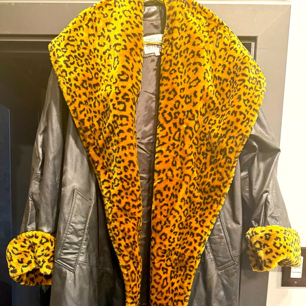 Vintage PELLE Studio full length leather coat with leapard fur trim